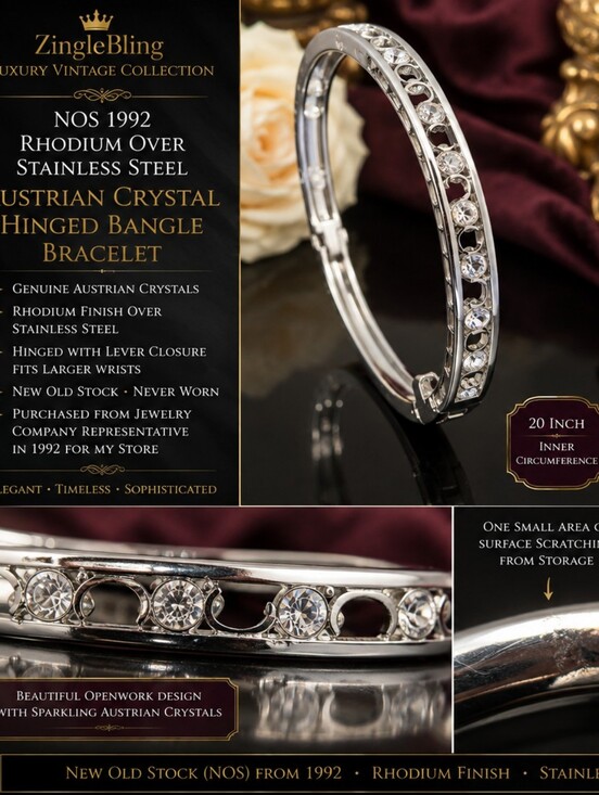 Jewelry - Vintage 1992 NOS Austrian Crystal Rhodium Stainless Steel Hinged Bangle